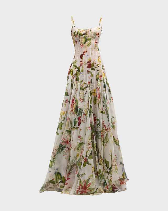 Sleeveless Floral And Fauna Gazar Gown